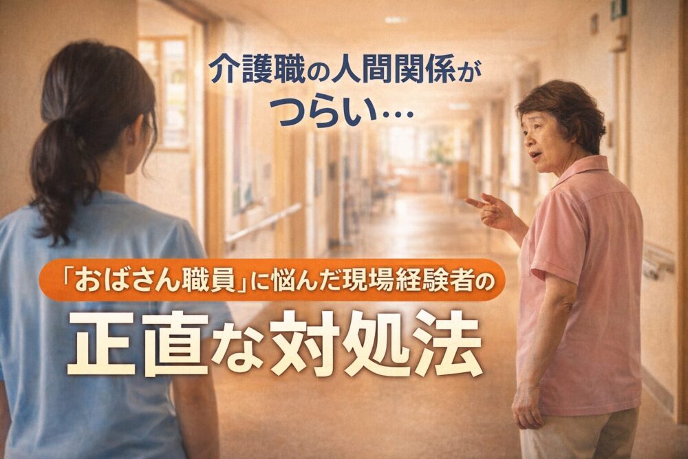 介護職の職場でおばさん職員との人間関係に悩む介護士を表したイメージ