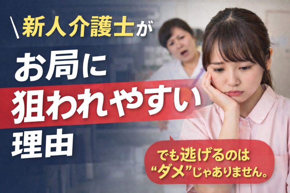 お局に注意され落ち込む新人介護士と人間関係のストレスを表すイメージ