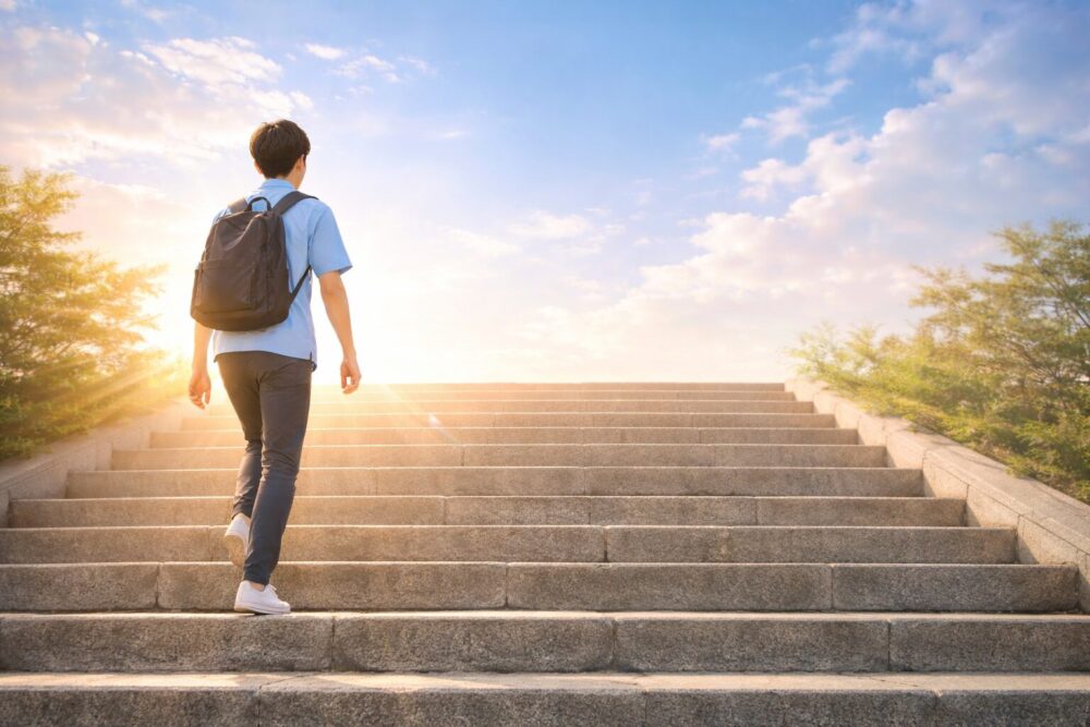 中卒から介護でキャリアを積み上げるイメージの階段を上る男性