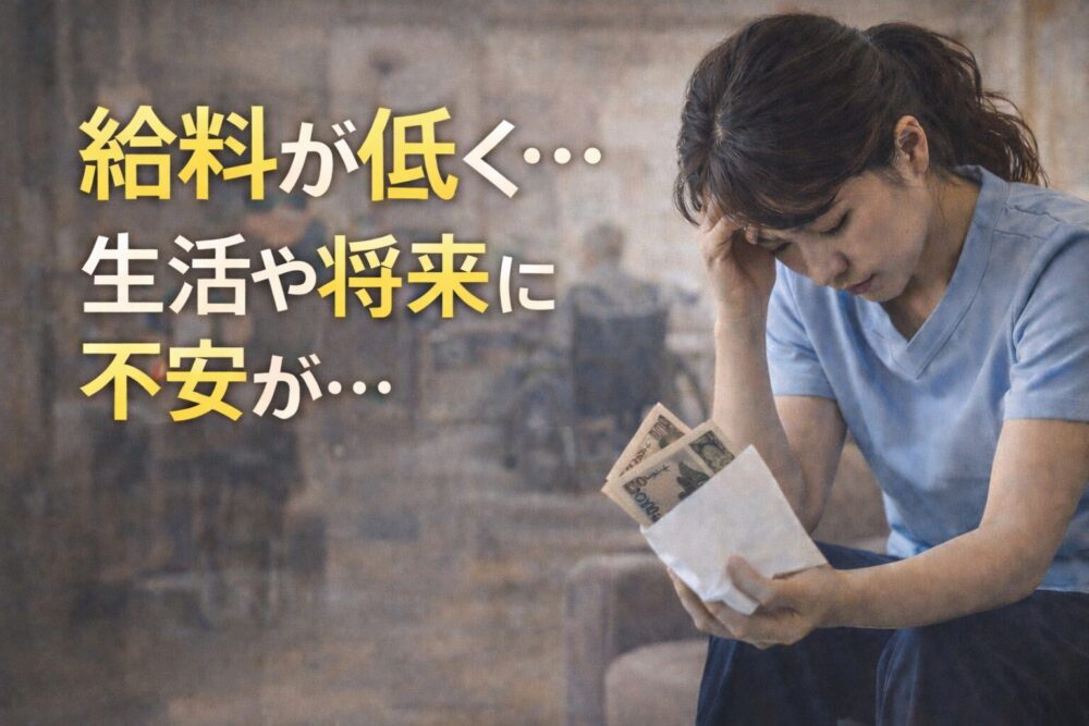 介護職の給料が低く、生活や将来に不安を感じている様子を表した介護士のイメージ