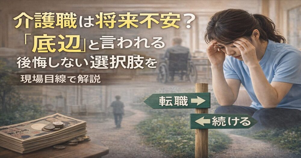 介護職は将来不安があるのか、底辺と言われる理由や続けるか転職するかの選択肢を現場目線で考えている様子を表したイメージ