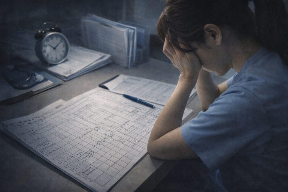 介護職が24時間シートを作成する業務に追われ、負担を感じている現場の様子を表したイメージ