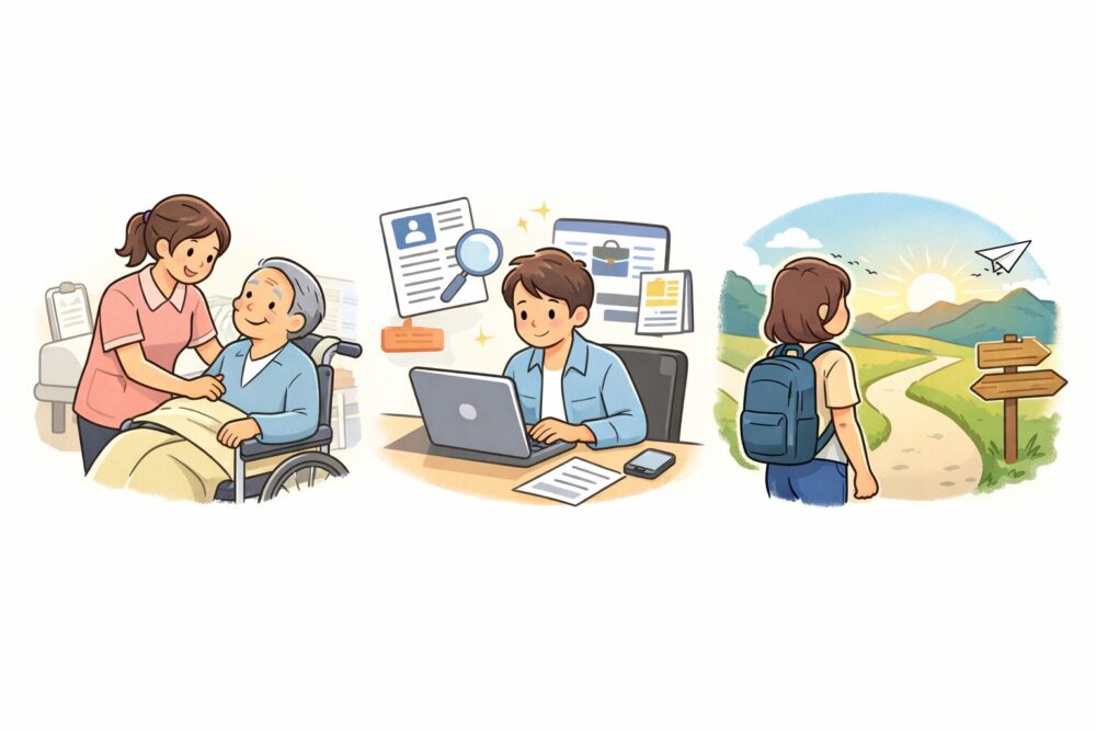 介護職を辞めたいと悩む人が、現職を続ける・転職する・別の道を考える3つの選択肢を比較しているイラスト
