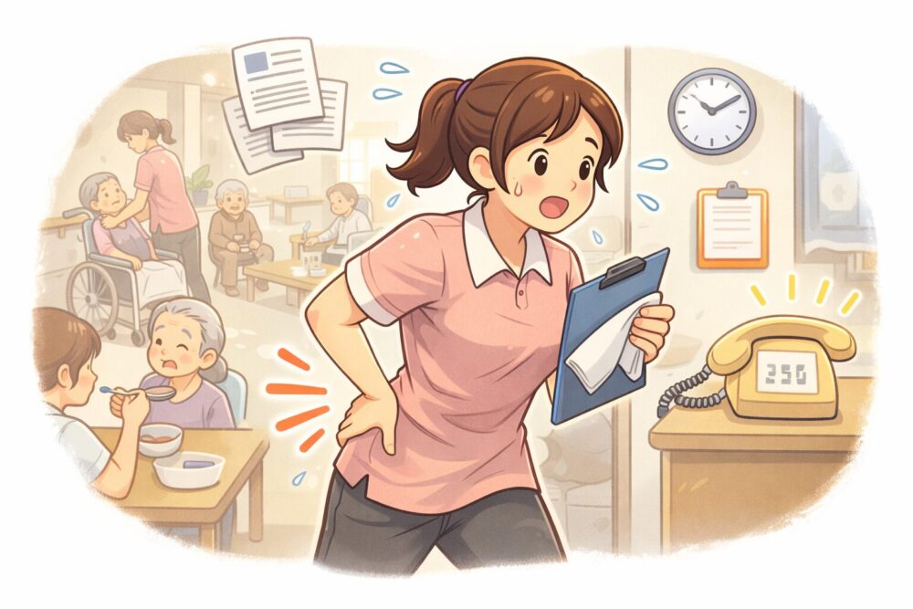 人手不足の介護現場で、1人の介護職が多くの利用者と業務を同時に対応している様子を描いたイラスト