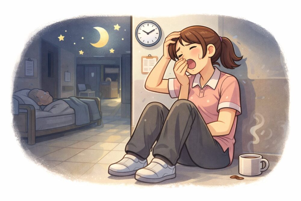 夜勤の介護現場で、睡眠不足と生活リズムの乱れに悩んでいる介護職の様子を描いたイラスト
