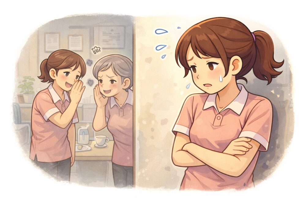 介護施設の職場で、陰口や派閥などの閉鎖的な人間関係に悩んでいる介護職の様子を描いたイラスト