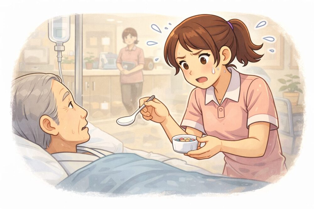 介護現場で、服薬やケアのミスが許されない緊張感の中で働いている介護職の様子を描いたイラスト