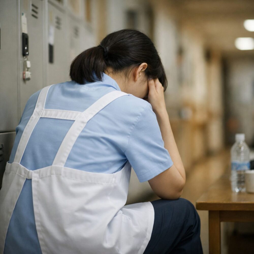 介護職の仕事がきついと感じ、自分だけが限界なのではないかと悩んでいる介護士の様子を表したイメージ