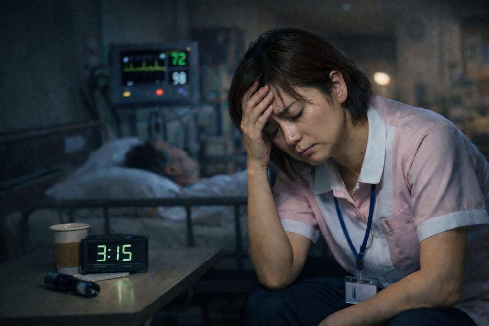 介護職が夜勤明けに眠れず疲労で頭を抱えている様子