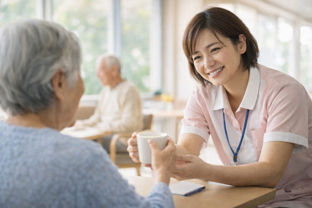 日勤中心の職場で利用者と穏やかに接する介護職の様子