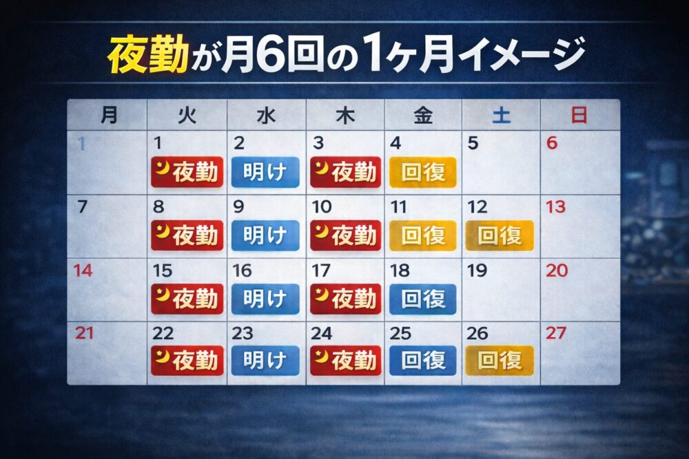 夜勤6回と明け・回復日を含む1ヶ月の勤務カレンダーイメージ