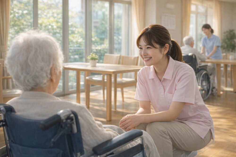 明るい介護施設で利用者と穏やかに会話する介護職の様子