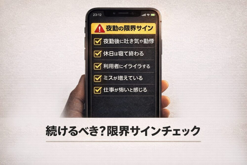 夜勤後の吐き気やミス増加など限界サインを示すチェックリスト画像