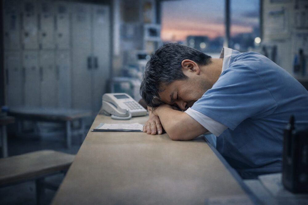 50代の介護職が夜勤明けに机にうなだれて疲労している様子