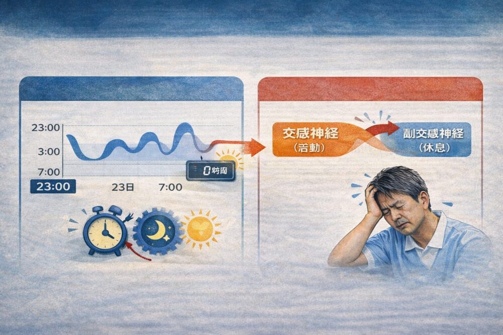 夜勤によって睡眠リズムが乱れ、自律神経が整いにくくなる様子を示す図解