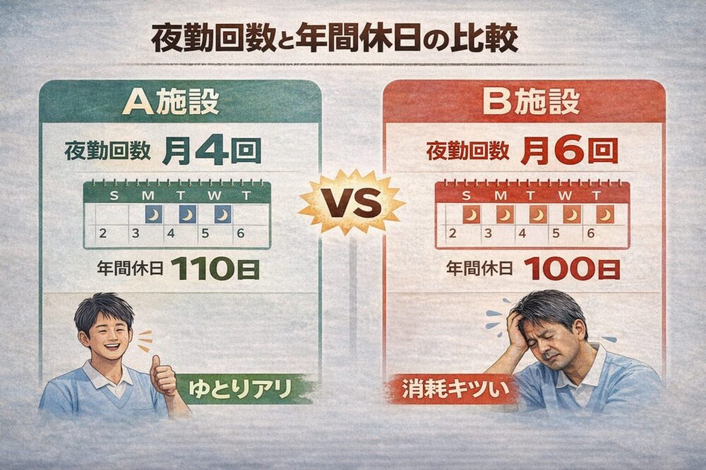 介護職の夜勤回数（月4回と月6回）と年間休日の違いを比較した図