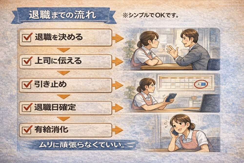 介護士が辞めたいけど言えない時の退職までの流れを解説したフロー図